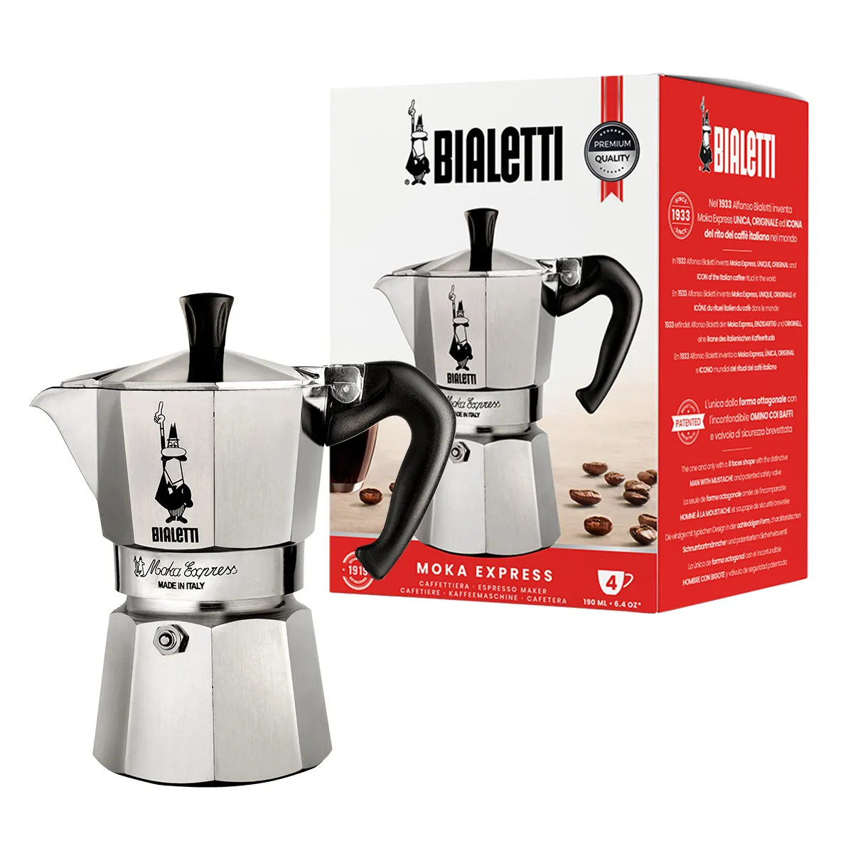 Bialetti Moka Express -mutteripannu, 4 kuppia, alumiini, hopea