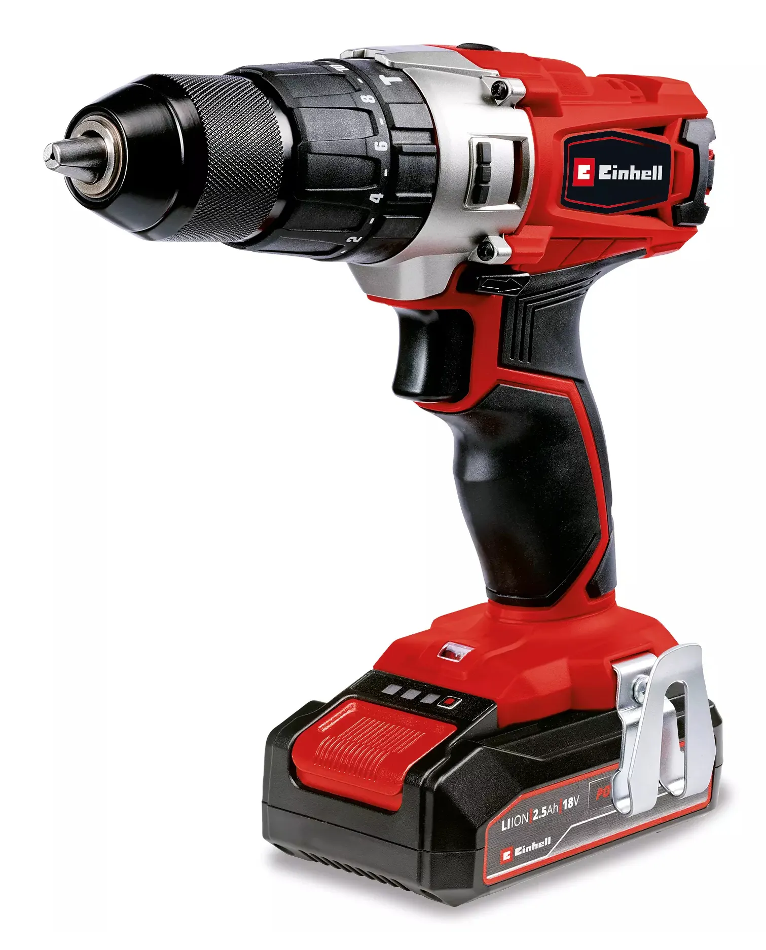Einhell -Akkuporakone 18V , TE-CD, sis. Akku 2,5Ah, pikalaturi ja 22-osainen kärki- ja poranteräsarja
