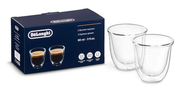 De'Longhi kaksiseinäiset termoespressolasit, borosilikaattilasi, 60 ml, 2 kappaletta, läpinäkyvä