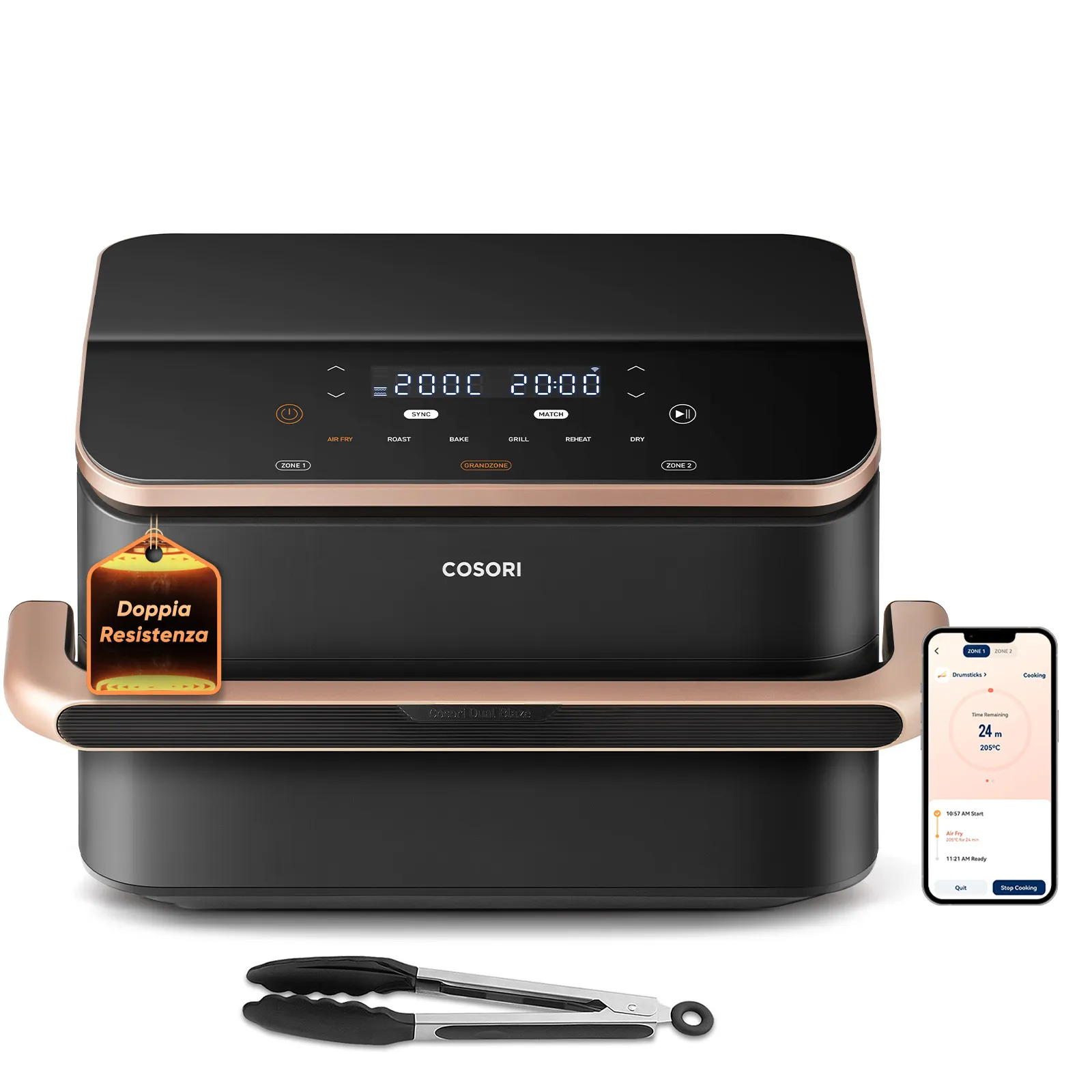 COSORI TwinFry Dual Blaze CAF-TF101S, 10 l, 5 kg, 2800 W, airfryer, Black / Dark Grey with rose gold accents