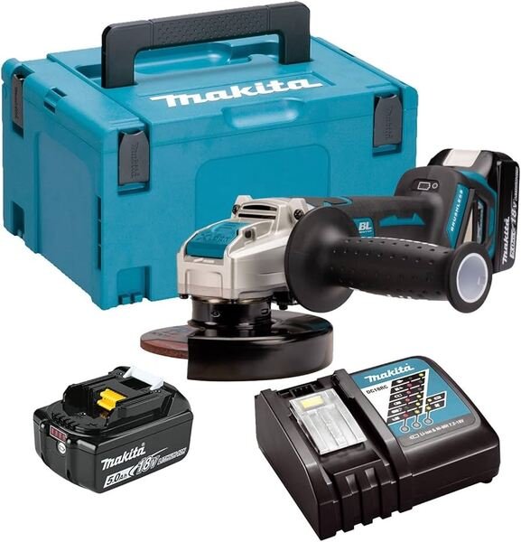 Makita -Kulmahiomakone 18V, sis. 2 x 5,0Ah akku ja laturi, Makpac 3