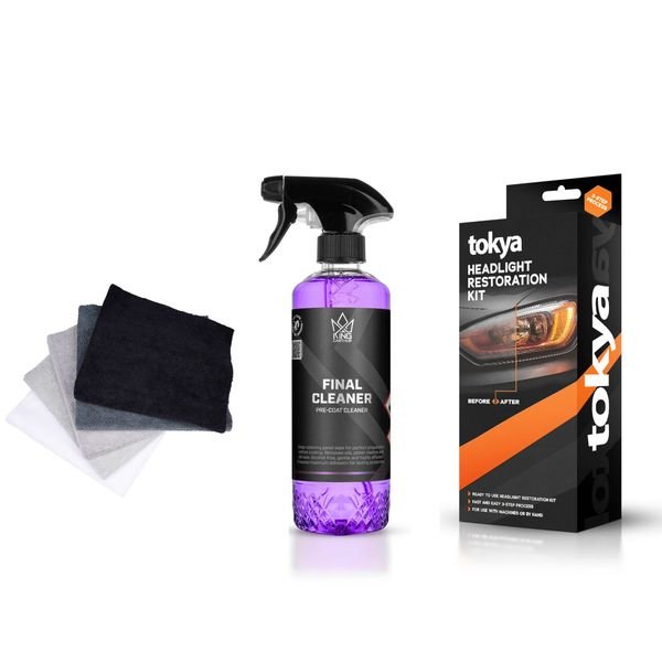 Ajovalojen kiillotussetti TOKYA Headlight Restoration Kit, 1 kpl Restoration Kit + Final Cleaner + Mikrokuituliinat (5 kpl)