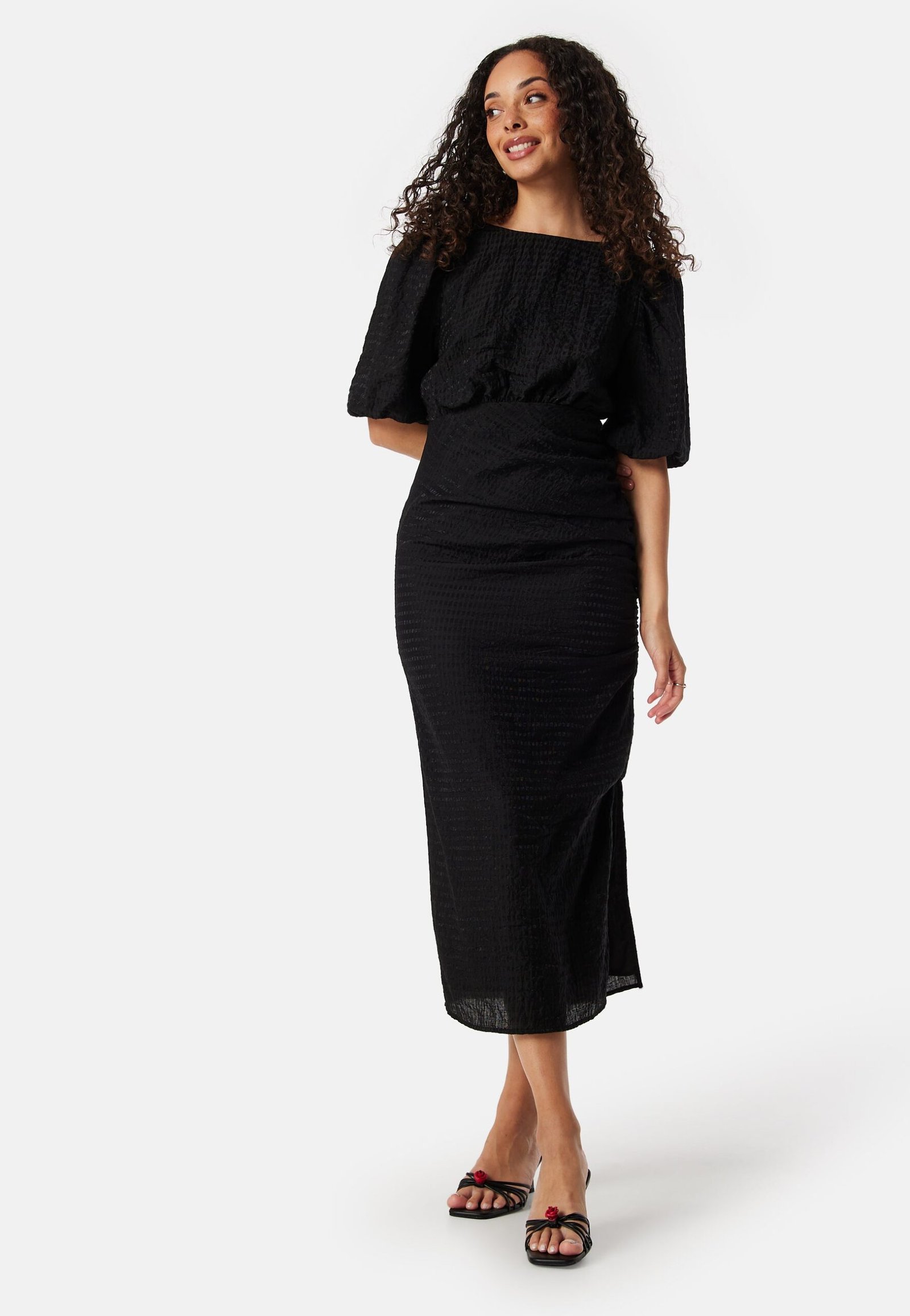 Balloon Sleeve Bow Midi Dress