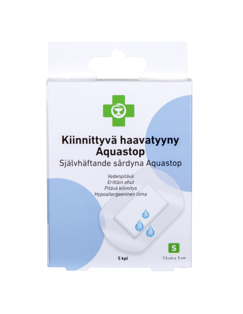 APTEEKKI Kiinnittyvä haavatyyny Aquastop koko S 7,5cm x 5cm, 5 kpl/rasia