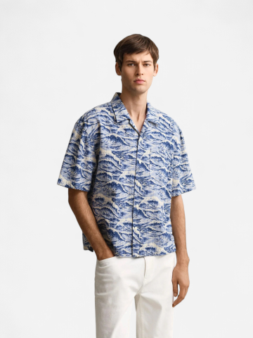 Gant miesten lyhythihainen kauluspaita Relaxed Fit Short Sleeve Shirt, sininen kuosi
