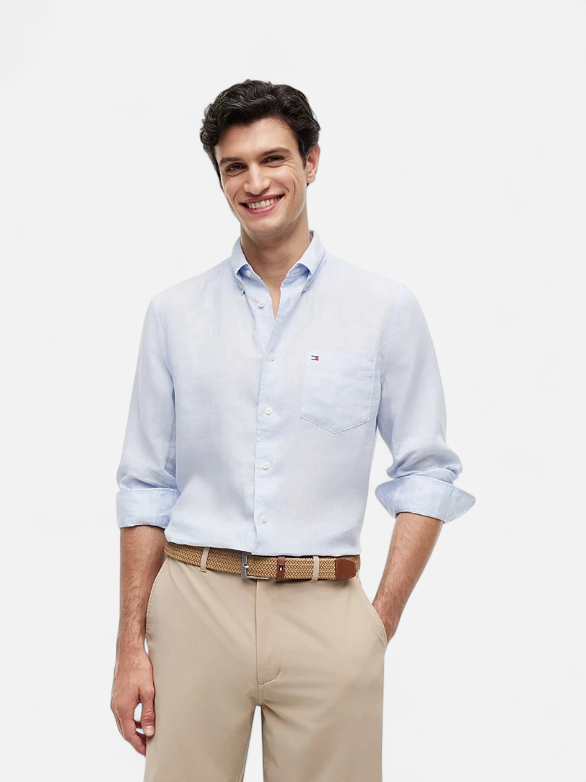 Tommy Hilfiger miesten kauluspaita Pigment Dyed Linen RF Shirt SS, vaaleansininen