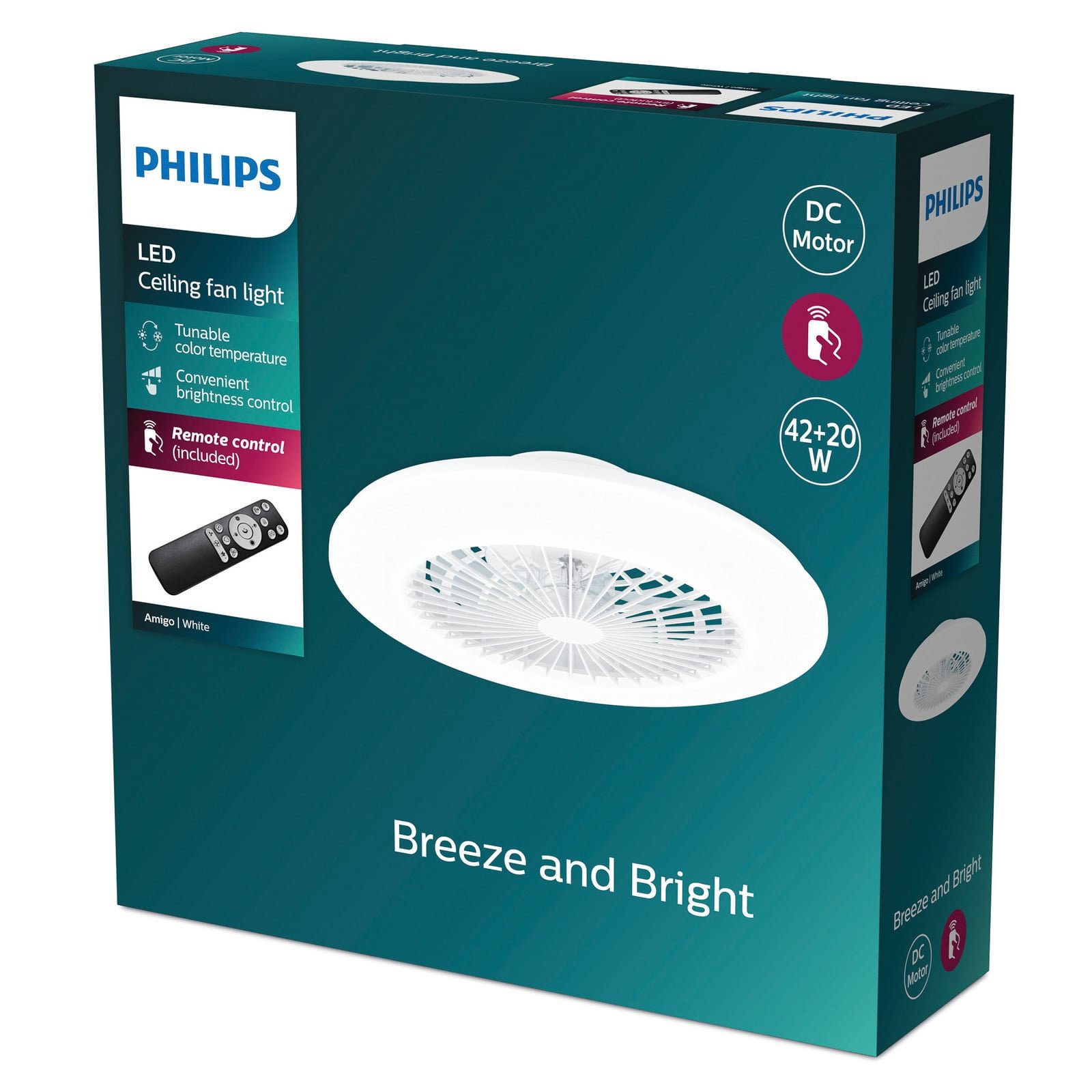 Amigo LED-kattotuuletin kiiltävä valkoinen 49 cm CCT – Philips