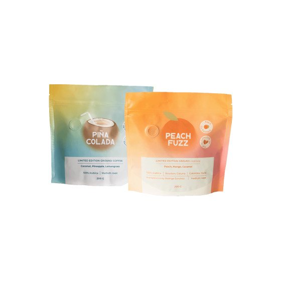 Tuplapakkaus hedelmien kanssa fermentoitua jauhettua kahvia Peach Fuzz & Pina Colada, Limited edition, 2 x 200 g