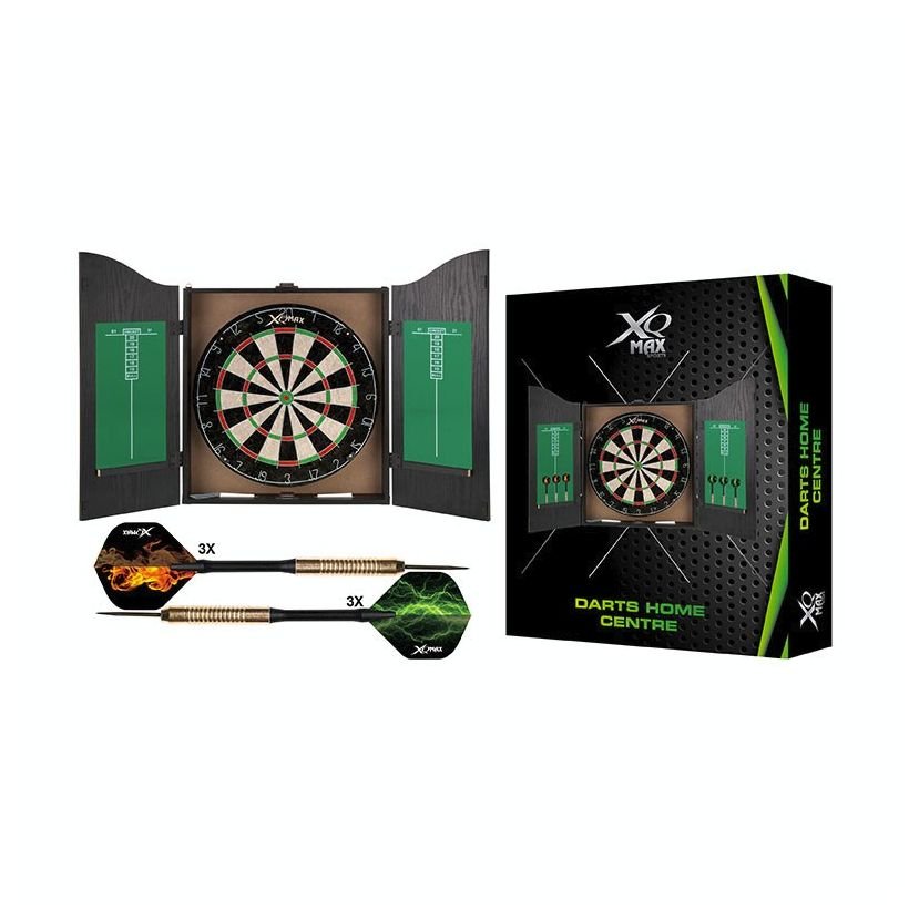 XQ Max Home Centre Darts-taulu mustassa kaapissa + 6 kpl tikkoja ym.