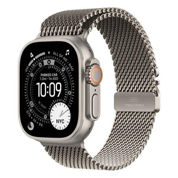 Apple Watch Ultra 3 49mm luonnonvaalea titaanikuori ja luonnontitaaninen milanolaisranneke (pieni)