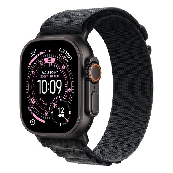 Apple Watch Ultra 3 49mm musta titaanikuori ja musta Alpine-ranneke (keskikokoinen)