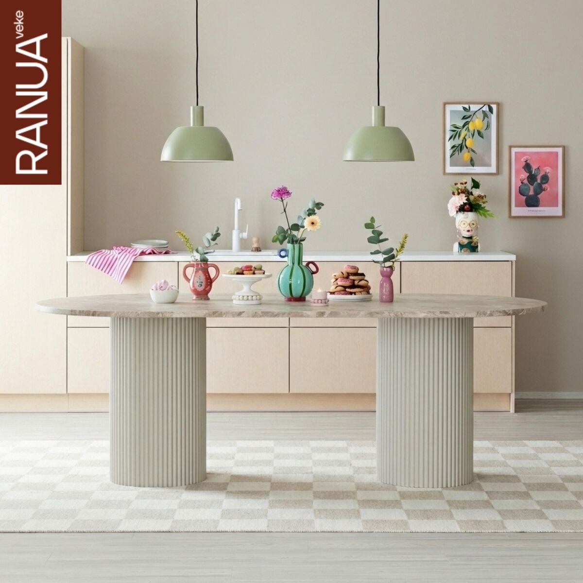 Taimi ovaali ruokapöytä 210x95 cm marmori matta latte/greige