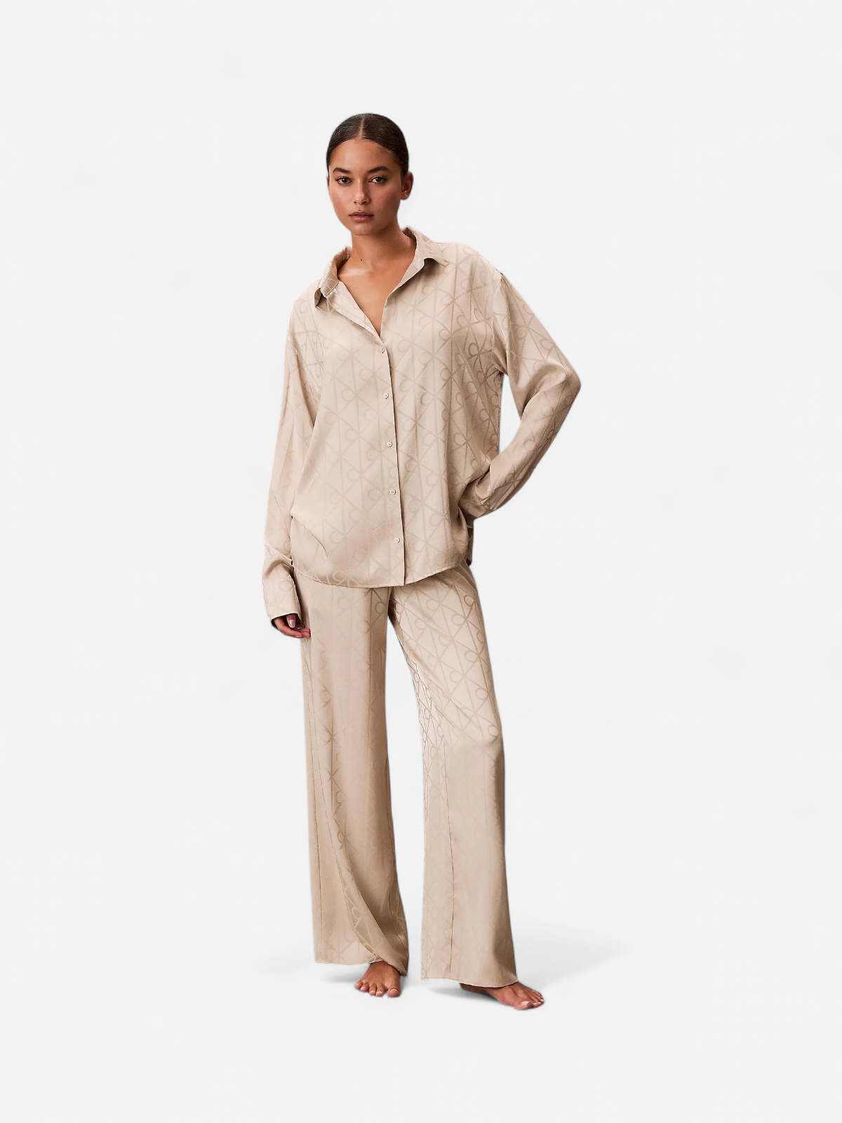 Calvin Klein naisten pyjamasetti K-SATIN AOP SET, vaalea beige