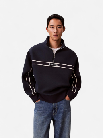 Calvin Klein Jeans miesten collegepaita LS Cotton Spacer Stripe Rib QTR, tummansininen